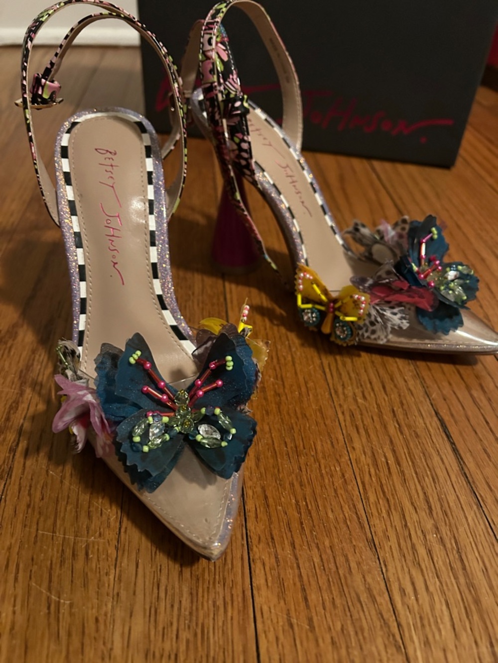 Betsey Johnson Multicolor Butterfly Embellished Pointed Slingback Heels